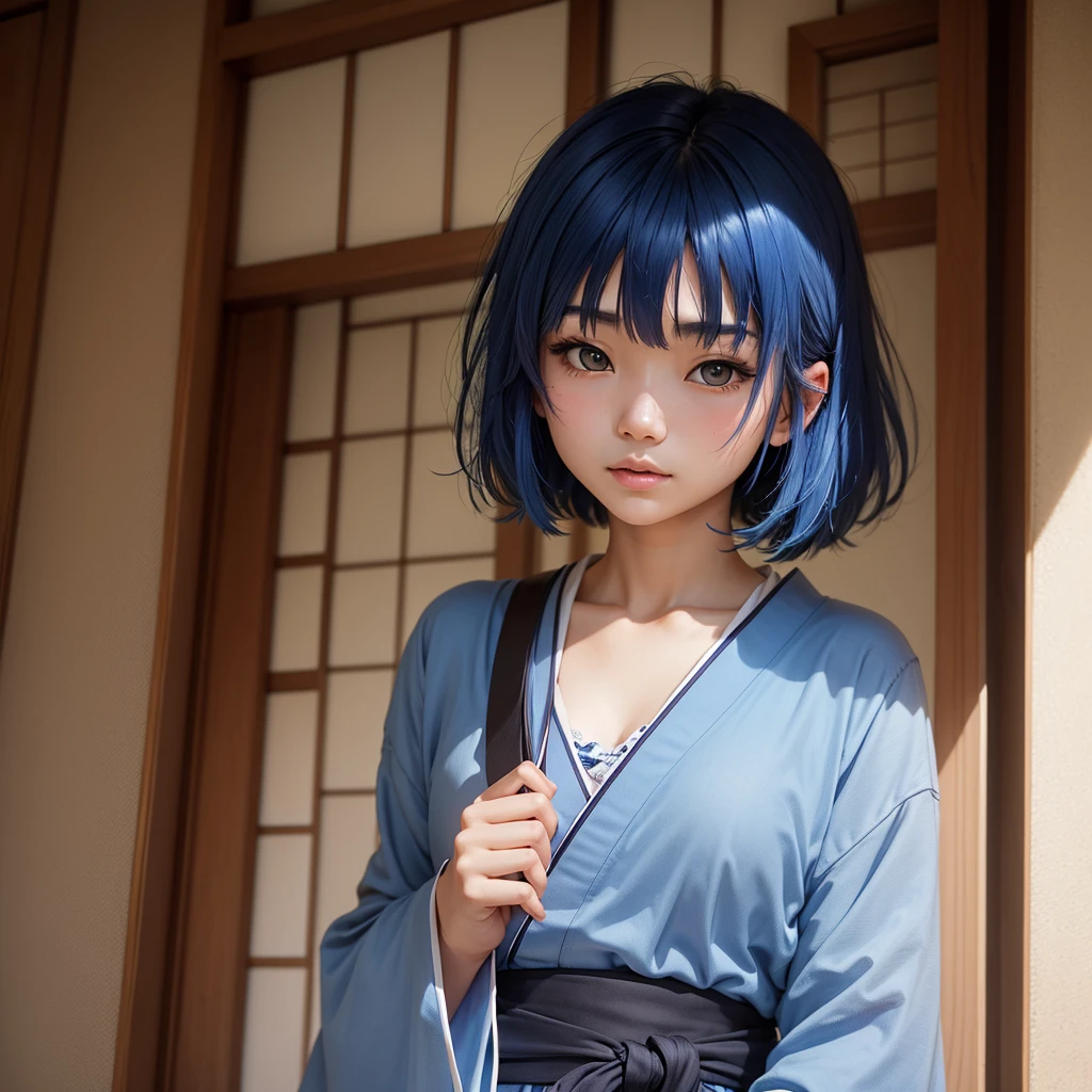 Young Japanese woman with medium blue hair 