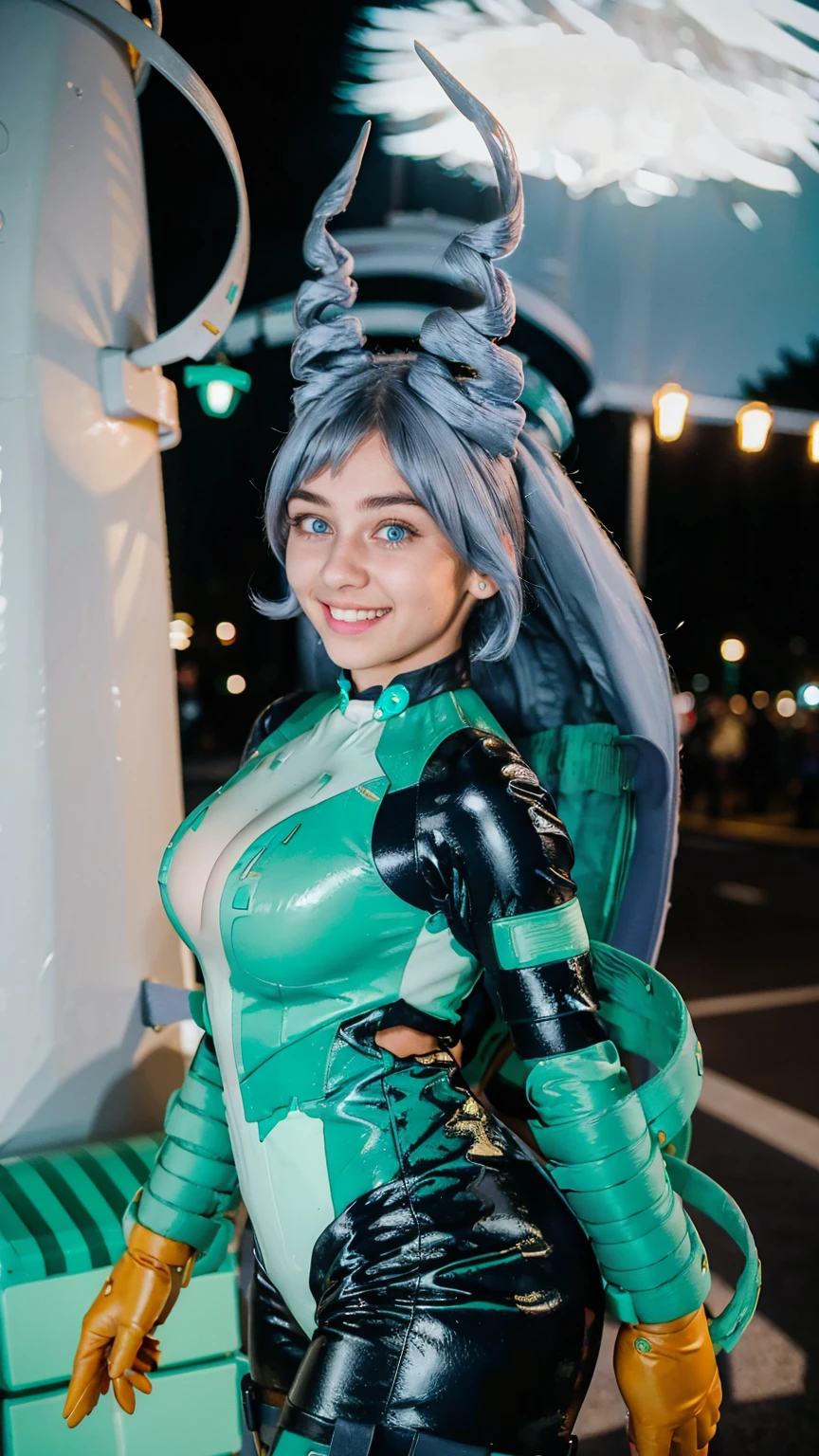 Masterpiece, Best quality, (photorealistic1.4), (UHD), (big breast), (flashphoto), (flash photography), (cleavage), (European model), (young woman), (JenniferConnelly90), (Tokyo Street), (epiCRealLife:1.0), (night time), (Nejire latex bodysuit), 1girl, solo, long hair, blue eyes, (blue hair), (hair bangs), (drill hair, twin drills), (Nejire Hairstyle), hair horns, very long hair , light blue hair, (Nejire Yellow gloves), (look at viewers), (Nejire Smile), (from side), (close up)
