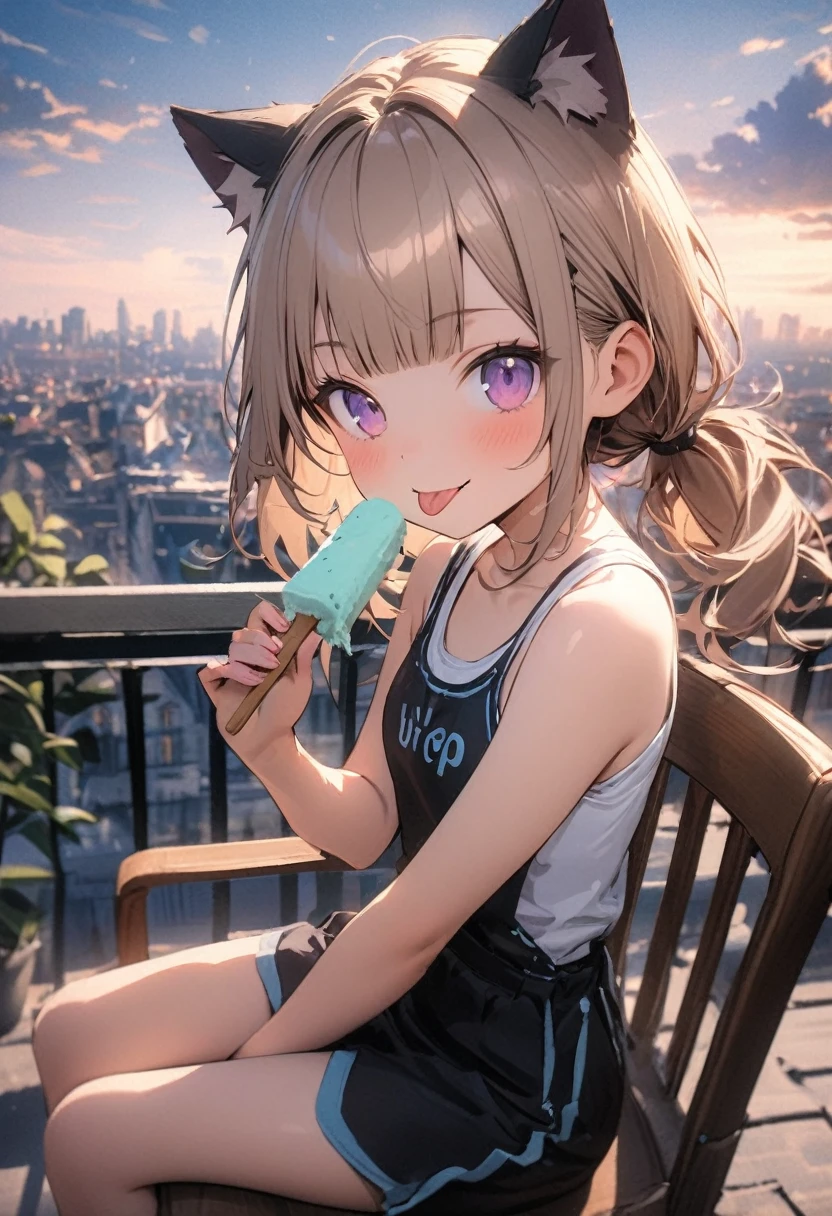 ((Masterpiece)), ((best quality)), ((kawaii)), ((extremely detailed)), (sketch:0.3), (RAW photo:1.2), (8K), (High Definition:1.3), (Professional Photography:1.2), cinematic lighting, (very aesthetic:1.2), (absurdres:1.2), (sharp focus), (perfect light), ((1girl)),(()), cute young girl, (naughty smile), ((sticking out tongue)), (Beautiful deep purple eyes:1.2), (put on cat ears), girl, (Embroidered cute tanktop), small breast, Healthy skin, (Healthy slim body), (Healthy and toned body), shortpants, pudgy cheeks, BREAK, ((best quality)), (very aesthetic:1.2), (absurdres:1.2), ((extremely detailed)), (loose blunt bangs), ((Beautiful Silky hair)), low ponytail medium hair, ((beautiful pale brown hair)), 🌈, ((Eating vanilla ice cream)), loose sitting on chair, ice cream on the café terrace, (the Midsummer Cafe Terrace), Beautiful cityscape Background, Large Cumulonimbus Clouds, pastel colors clouds, kawaii, cute colors,