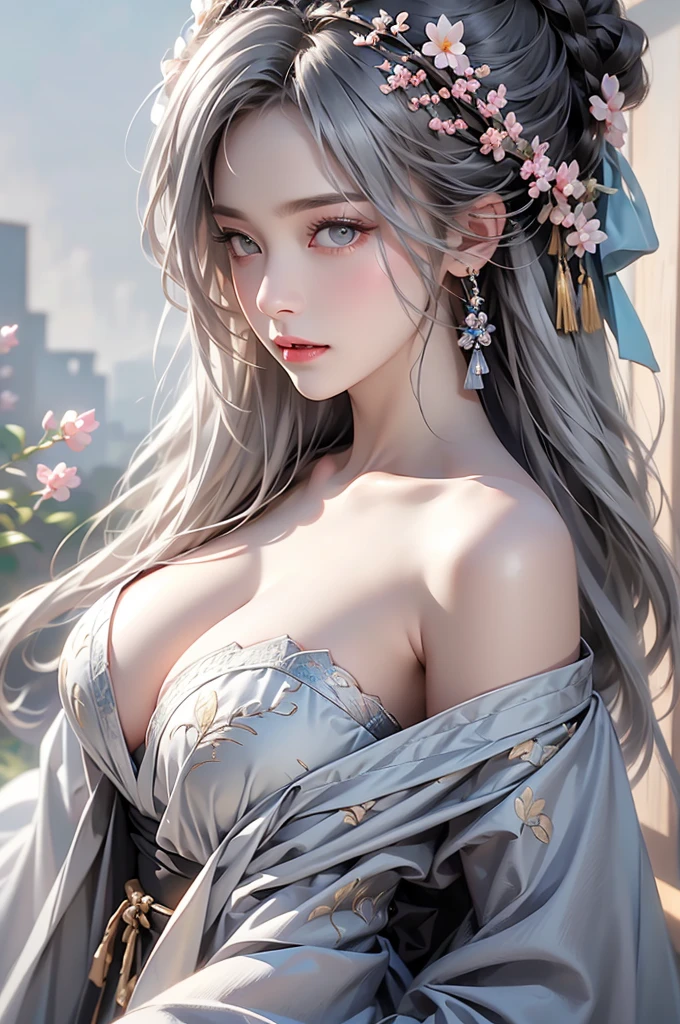 ((Above the knees image:1.3、stand))super high quality, masterpiece, Perfect illustration, Very detailed (Exquisite light and shadow, Very dramatic photo,Backlight) , ((Gray Hair:1.5))1 Girl,(( alone:1.6)), (Wearing Han clothes, Black Hanfu,Monotony,Long sleeve、Gorgeous costumes、Highly decorated Hanfu) Flower Field, Flowers, (White smoke:1.3) (Realistic:1.4), Zen Intertwining, Tangled, Official Art, unity 8k wallpaper, Very detailed, Beautiful and beautiful, masterpiece, Highest quality, (Dynamic Angle: 1.4), Glowing Skin, (Floating colorful flashes: 1) The most beautiful chaotic shapes, elegant, Brutalist Design, Bright colors, Romantic Depth of Field Exotic_dance, half_naked、Expose your shoulders、Ample breasts、Great cleavage、Dynamic pose、Backlight,
