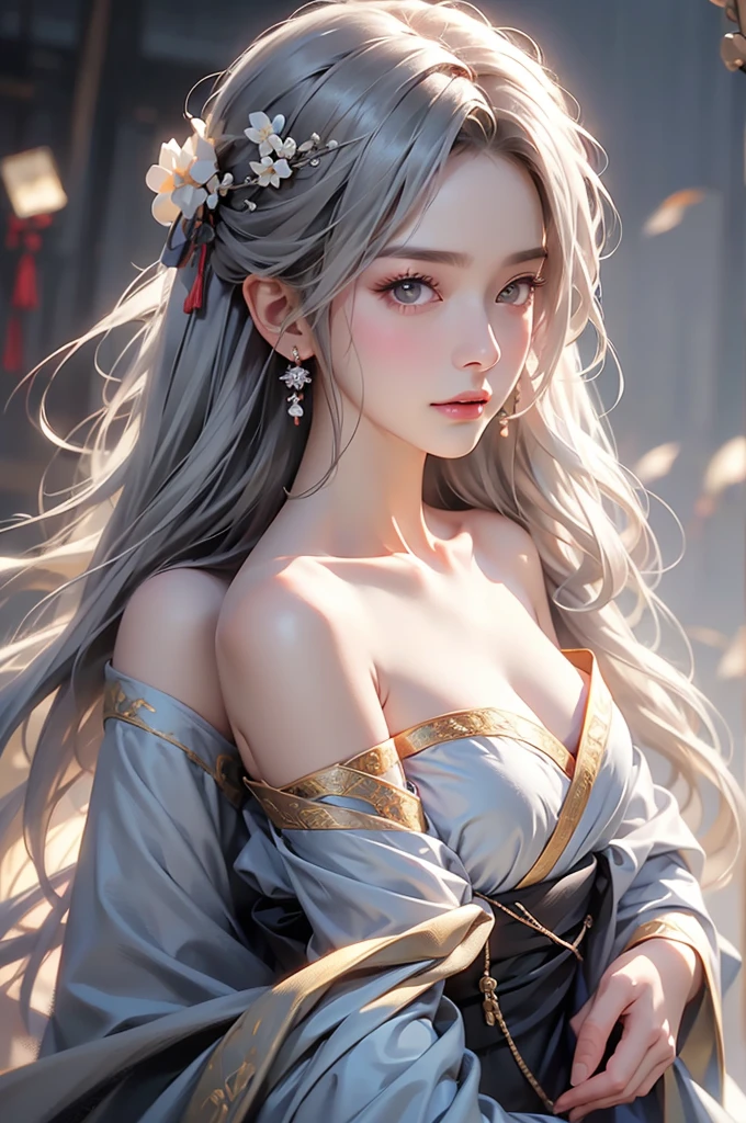 ((Above the knees image:1.3、stand))super high quality, masterpiece, Perfect illustration, Very detailed (Exquisite light and shadow, Very dramatic photo,Backlight) , ((Gray Hair:1.5))1 Girl,(( alone:1.6)), (Wearing Han clothes, Black Hanfu,Monotony,Long sleeve、Gorgeous costumes、Highly decorated Hanfu) Flower Field, Flowers, (White smoke:1.3) (Realistic:1.4), Zen Intertwining, Tangled, Official Art, unity 8k wallpaper, Very detailed, Beautiful and beautiful, masterpiece, Highest quality, (Dynamic Angle: 1.4), Glowing Skin, (Floating colorful flashes: 1) The most beautiful chaotic shapes, elegant, Brutalist Design, Bright colors, Romantic Depth of Field Exotic_dance, half_naked、Expose your shoulders、Ample breasts、Great cleavage、Dynamic pose、Backlight,
