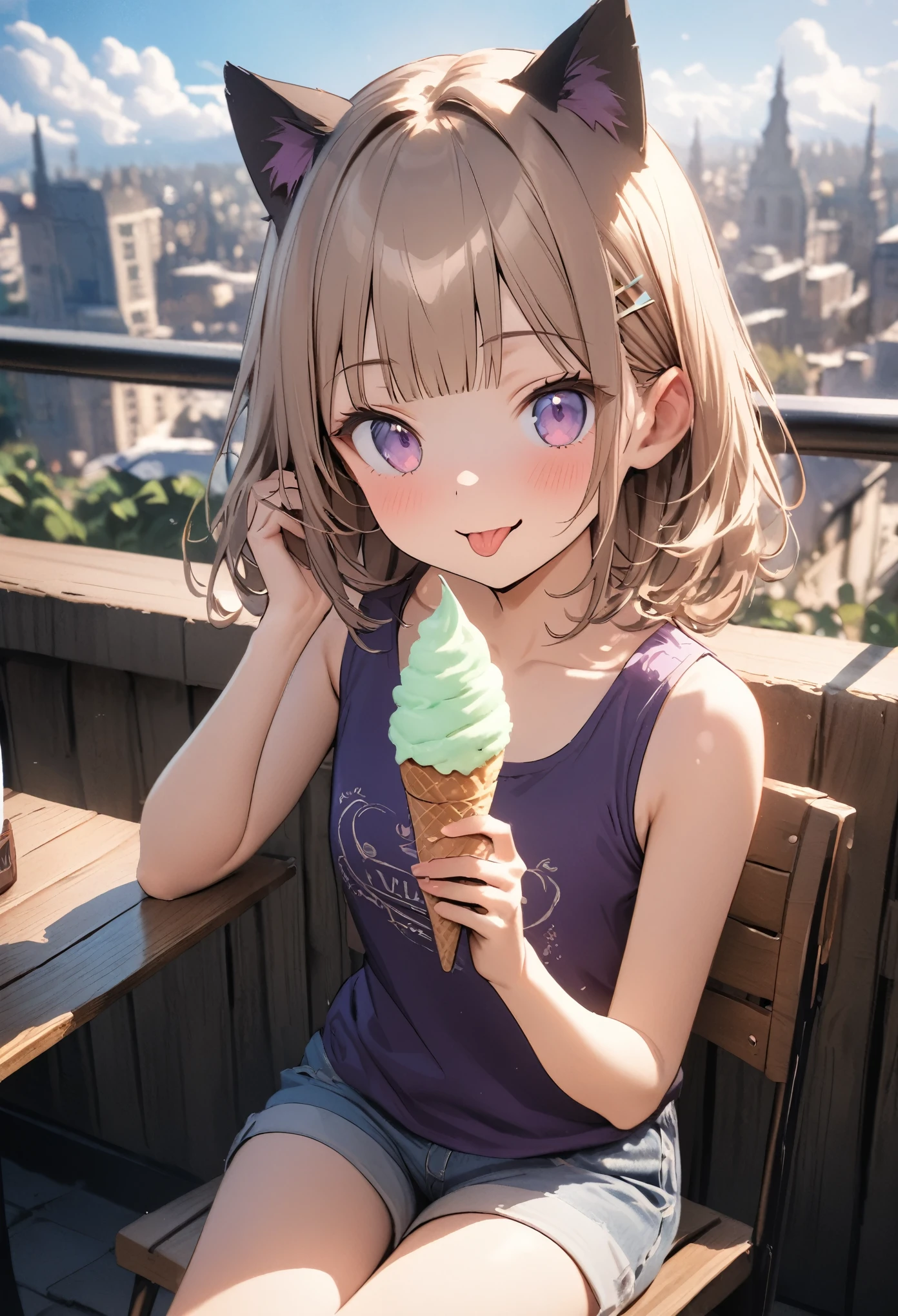 ((Masterpiece)), ((best quality)), ((kawaii)), ((extremely detailed)), (sketch:0.3), (RAW photo:1.2), (8K), (High Definition:1.3), (Professional Photography:1.2), cinematic lighting, (very aesthetic:1.2), (absurdres:1.2), (sharp focus), (perfect light), ((1girl)),((12 years old)), cute young girl, (naughty smile), ((sticking out tongue)), (Beautiful deep purple eyes:1.2), (put on cat ears), girl, (Embroidered cute tanktop), small breast, Healthy skin, (Healthy slim body), (Healthy and toned body), shortpants, pudgy cheeks, BREAK, ((best quality)), (very aesthetic:1.2), (absurdres:1.2), ((extremely detailed)), (loose blunt bangs), ((Beautiful Silky hair)), medium hair, ((beautiful pale brown hair)), 🌈, ((Eating vanilla ice cream)), loose sitting on chair, ice cream on the café terrace, (the Midsummer Cafe Terrace), Beautiful cityscape Background, Large Cumulonimbus Clouds, pastel colors clouds, kawaii, cute colors,