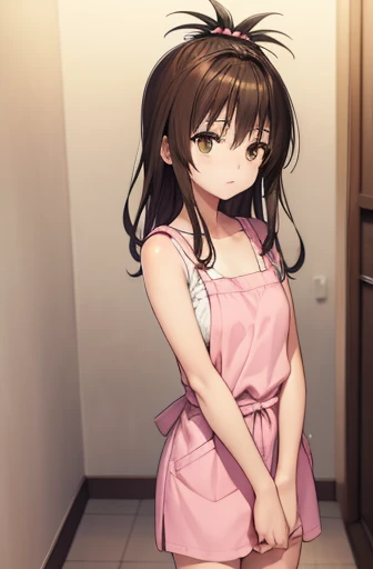 mikanyuuki, mikan yuuki, (brown eyes:1.7), brown hair, hair ornament, hair scrunchie, long hair, pink scrunchie, scrunchie, (flat chest:1.2), arms raised up in surrender
BREAK collarbone, very short apron, bare arms, bare shoulders, bare legs
BREAK looking at viewer,
BREAK indoors,
BREAK (masterpiece:1.2), best quality, high resolution, unity 8k wallpaper, (illustration:0.8), (beautiful detailed eyes:1.6), extremely detailed face, perfect lighting, extremely detailed CG, (perfect hands, perfect anatomy), , semi-profile view