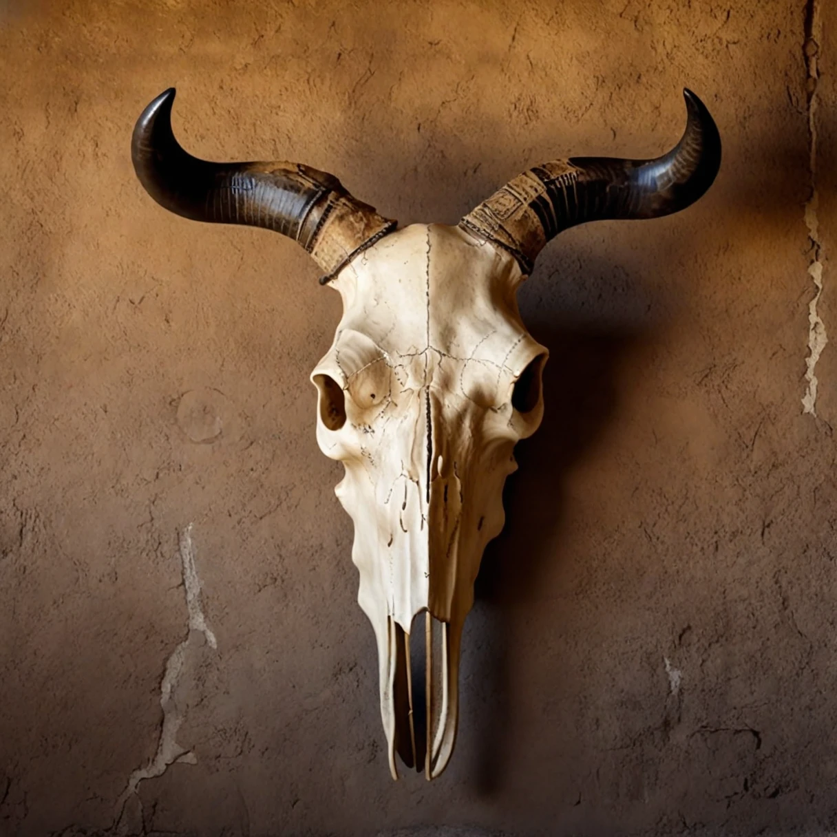 (A old bull skull as decorative piece on the rustic wall), RAW, 8k, DSLR, film grain, Super Detailed, Retina, Masterpiece, character portrait, Cinematic Lighting, Accurate, Ultra High Resolution, photorealistic, award winning, Atmospheric Perspective