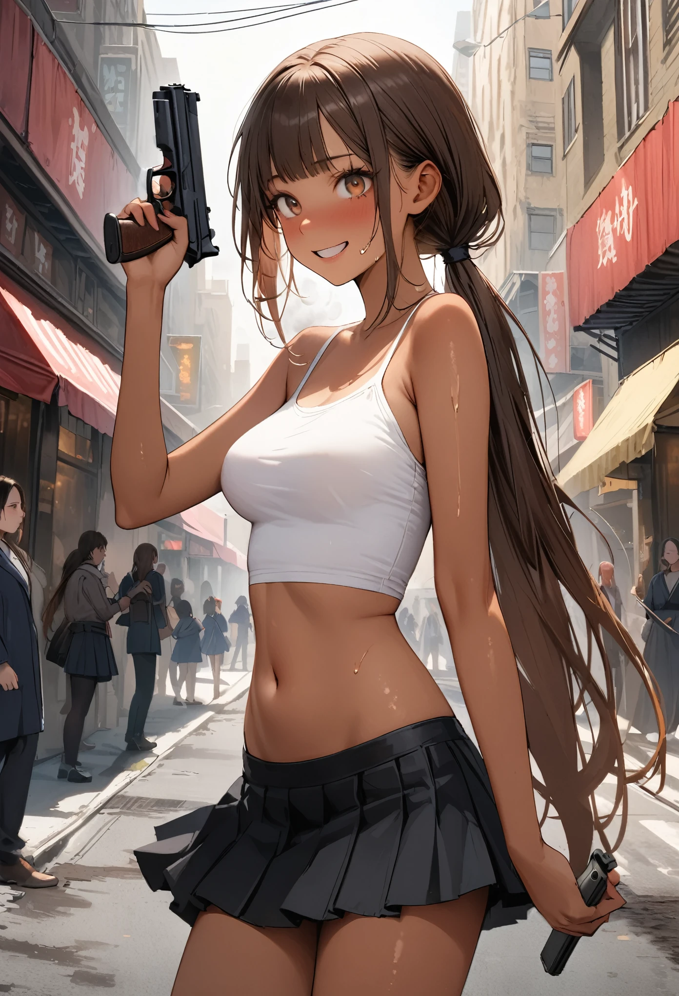 Dynamic gun action scenes、Woman shooting down zombieasterpiece,Highest quality:1.3,best quality illustration)),(realistic),cowboy shot,独奏,1woman,25 year old beauty,brown hair,(low ponytail hair),long hair,bangs,brown eyes,(gorgeous big eyes),((very small head:1.3)),A strong smile、Heavy breathing,((very long body:1.2,skinny)),((tan skin:1.4)),medium breasts,White tube top shirt、navel,Black pleated mini skirt,((Holding a handgun in your hand)),gleaming skin,slender body,sweat,standing,on street,New York City、Resident Evil World、