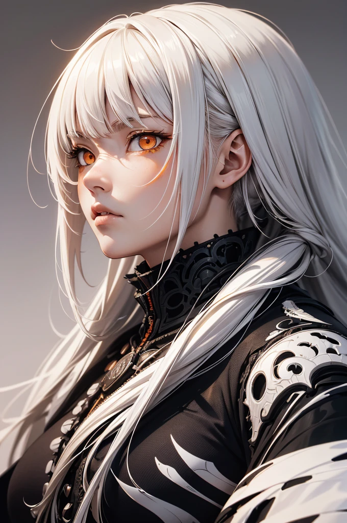 style of Tsutomu Nihei,(incredibly absurdres, (high resolution:1.18), intricate detail, (masterpiece:1.1), (highest quality:1.1), absurdres),(1girl, portrait, white hair, orange eyes, long hair, detailed eyes),