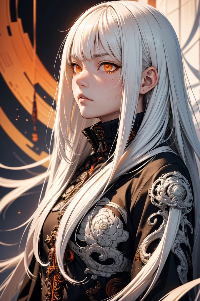style of Tsutomu Nihei,(incredibly absurdres, (high resolution:1.18), intricate detail, (masterpiece:1.1), (highest quality:1.1), absurdres),(1girl, portrait, white hair, orange eyes, long hair, detailed eyes),