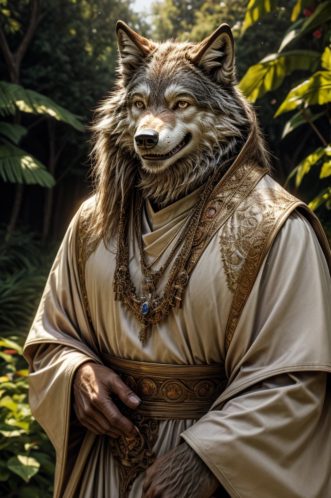 wolf, male, all body, realistic, priest, garden, elderly, smile,