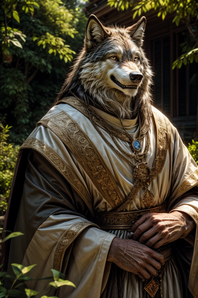 wolf, male, all body, realistic, priest, garden, elderly, smile,