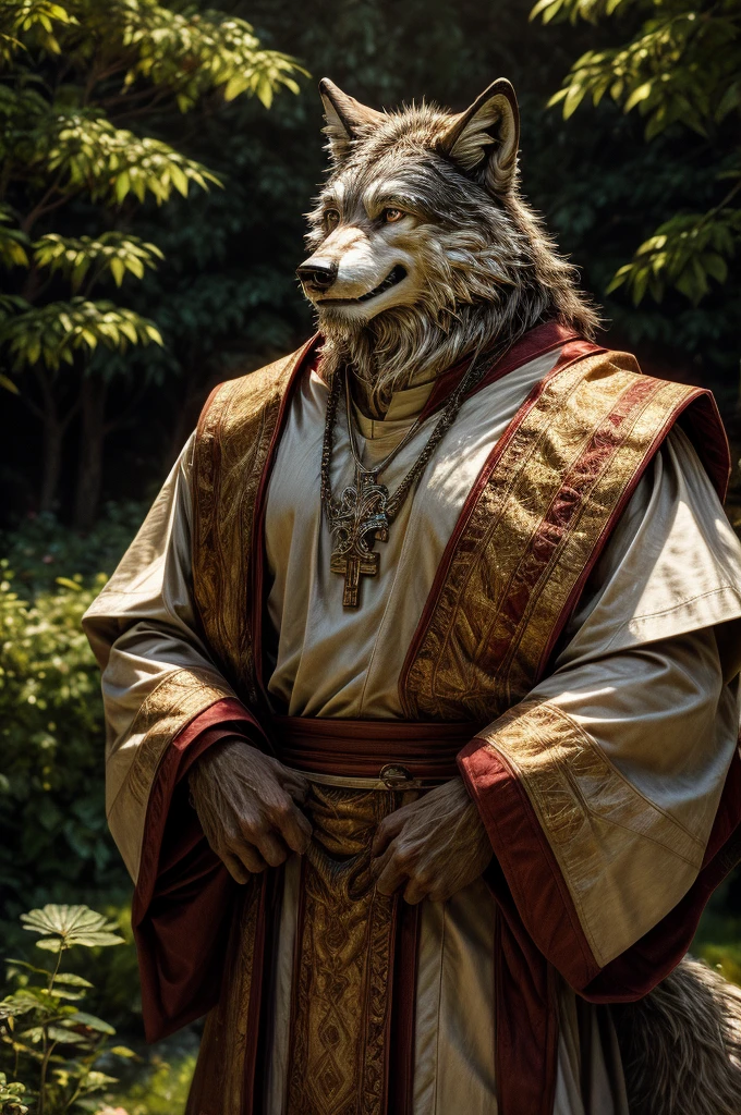 wolf, male, all body, realistic, priest, garden, elderly, smile,