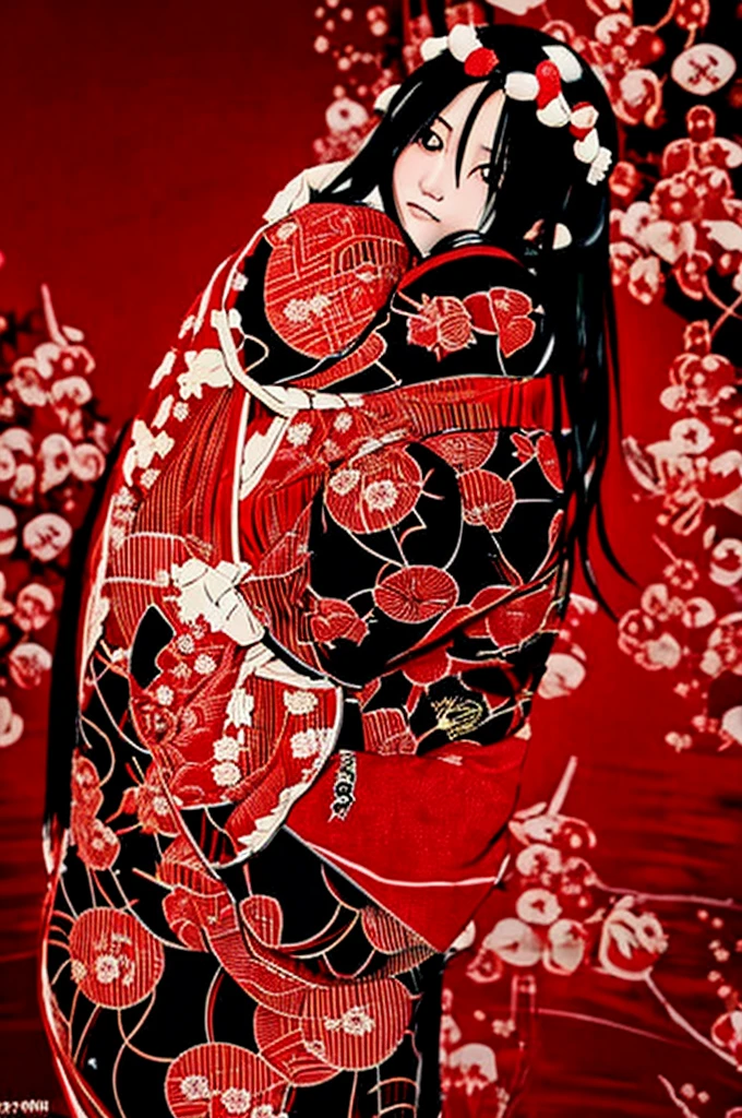 Realistic photos、Dark night fog、Dark night fog、Dark night fog、Highest quality,A beautiful Japanese girl in a very elaborate red kimono、((((Skeleton hugging)))),spread your legs and show your vagina、(((((Red background))))