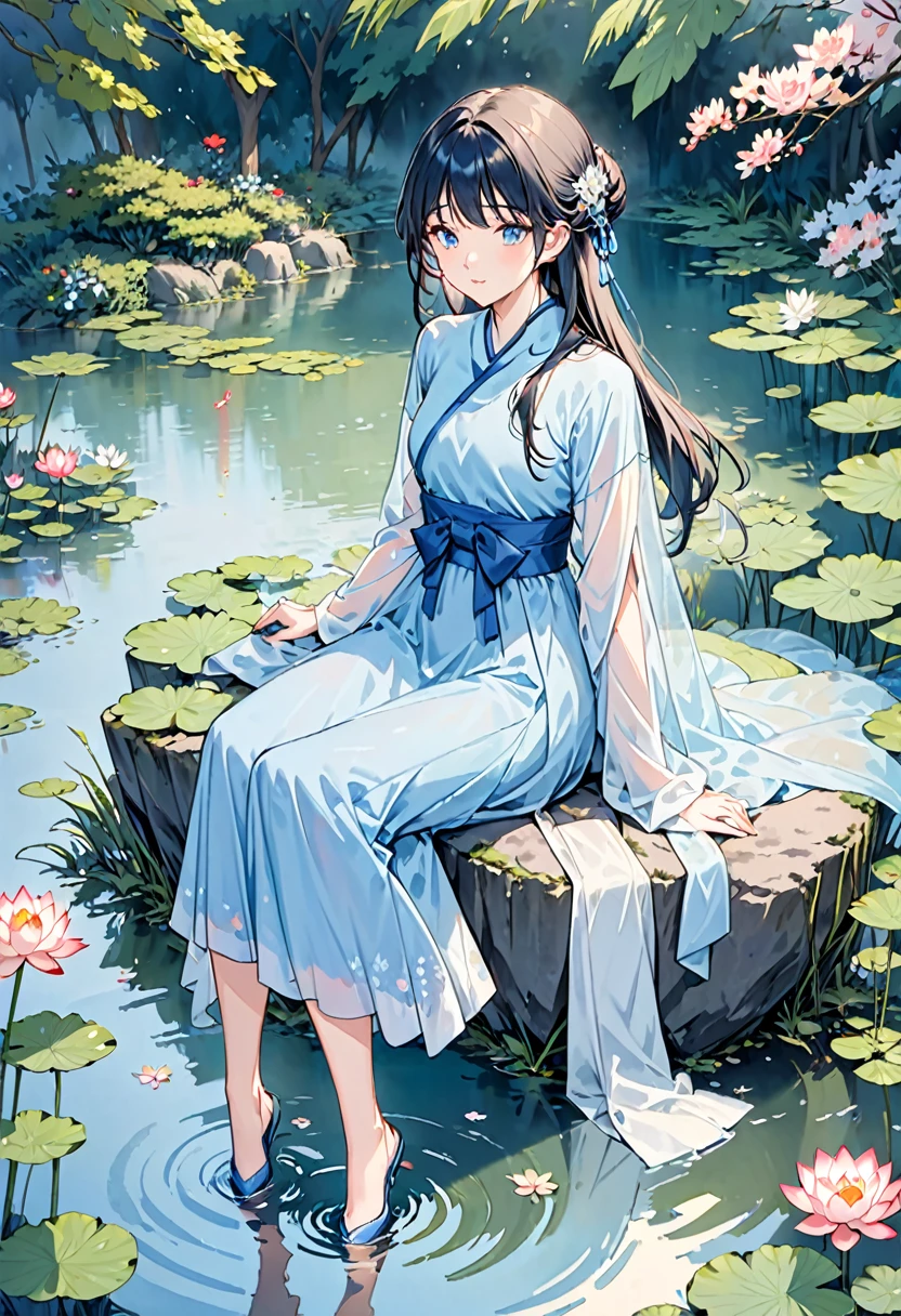 There is a blue skirt, 16 Long Legs, A woman sitting on a rock in the water, Standing gracefully on the lotus, Ethereal Beauty, Wearing blue cheongsam, court, Girl wearing Hanfu, Wearing blue cheongsam, Full of fairy atmosphere, In the pond, White Hanfu, A stunning young ethereal figure, floating dress, Light Blue, hair behind ears