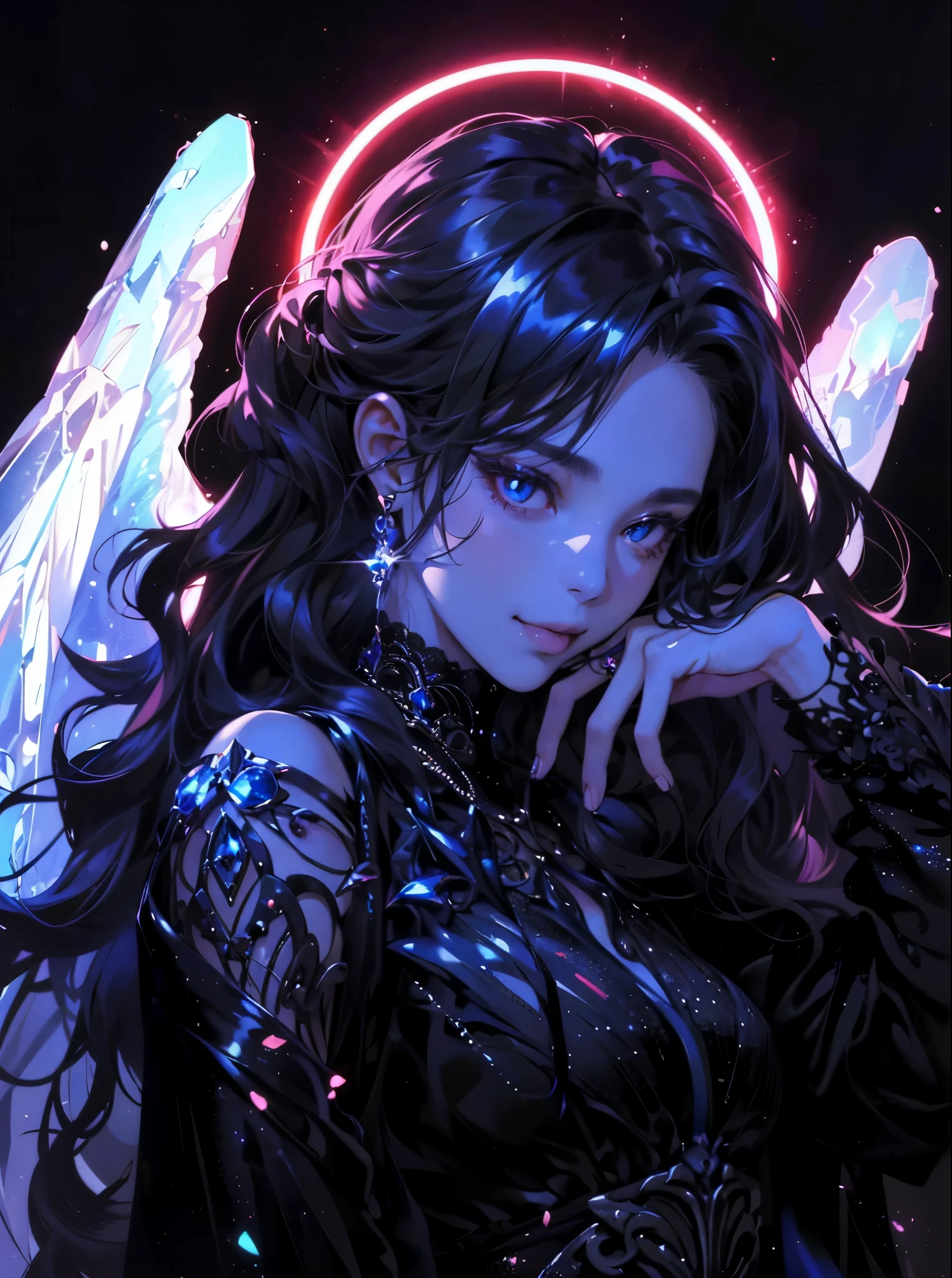 (Tabletop, Digital Art, Digital Illustration, 4K, 8k, Very detailed, Beautiful images, Clear images, Realistic, RAW Photos, Perfect Face, Perfect Lines, Perfect Eyes, Soft lighting) ,1 female, (Long black Shiny hair,Parted bangs、Bullish gaze,beauty,Mouth closed,Grin,mature,(thin,),White skin,23 year old female,:1.3),Shiny感触、Shiny感触、Lip gloss、Blue Crystal Jewelry、Shiny