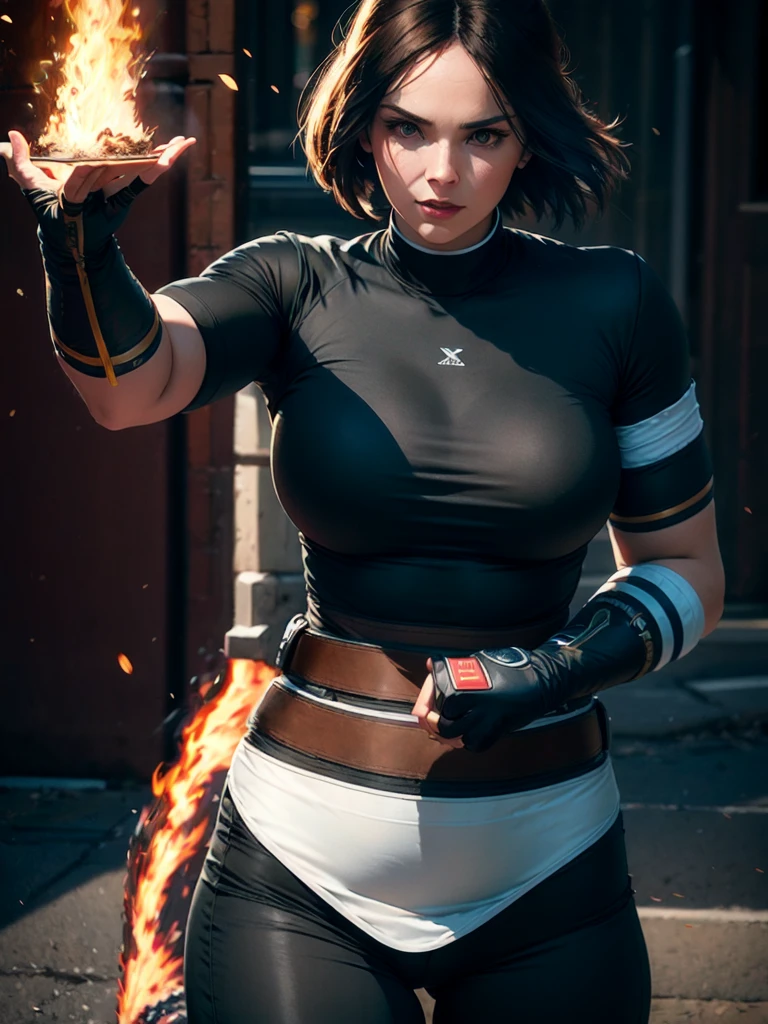 30-year-old woman, alone, alone, athletic, dark hair, white band on her forehead, white top, open black jacket, black pants, thin brown belt, wears black exercise gloves that cover almost her entire forearm, serious look looking at viewer, fire in a hand, cinematic, ultra sharp focus, award winning photography, perfect contrast, high sharpness, depth of field, ultra detailed photography, global illumination, fluid, ultra high definition, 8k, Unreal Engine 5, ultra sharp focus, award-winning photography, art season trends,