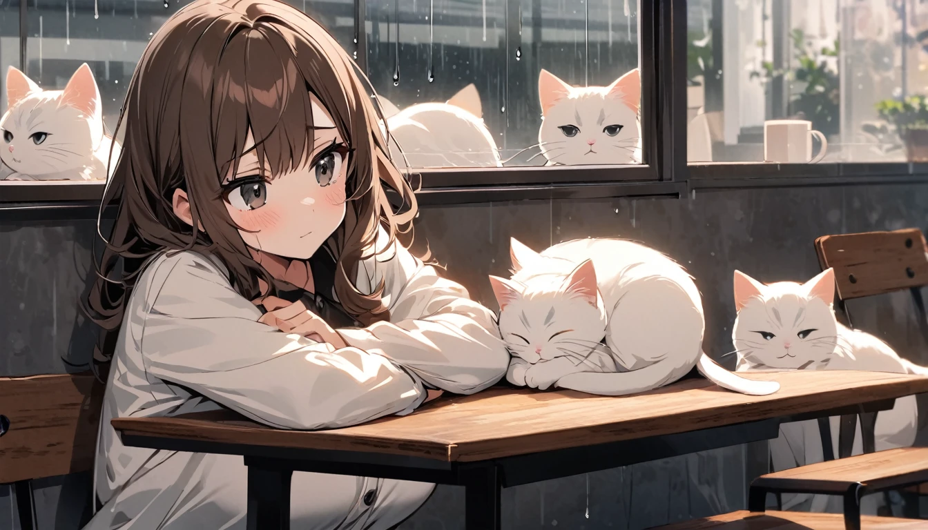 Beautiful and cute,single,long brown hair,Beautiful black eyes stand out.,Sitting slumped at the table, looking out the window.,Make a sad face,At the coffee shop atmosphere table,There was a fat white cat waiting to snuggle on my shoulder.,Rainy atmosphere near the window