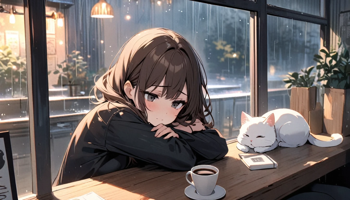 Beautiful and cute,single,long brown hair,Beautiful black eyes stand out.,Sitting slumped at the table, looking out the window.,Make a sad face,At the coffee shop atmosphere table,There was a fat white cat waiting to snuggle on my shoulder.,Rainy atmosphere near the window