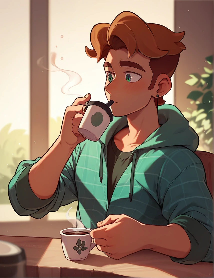 (Draw) ((masterpiece, best quality)) brown haired man drinking coffee