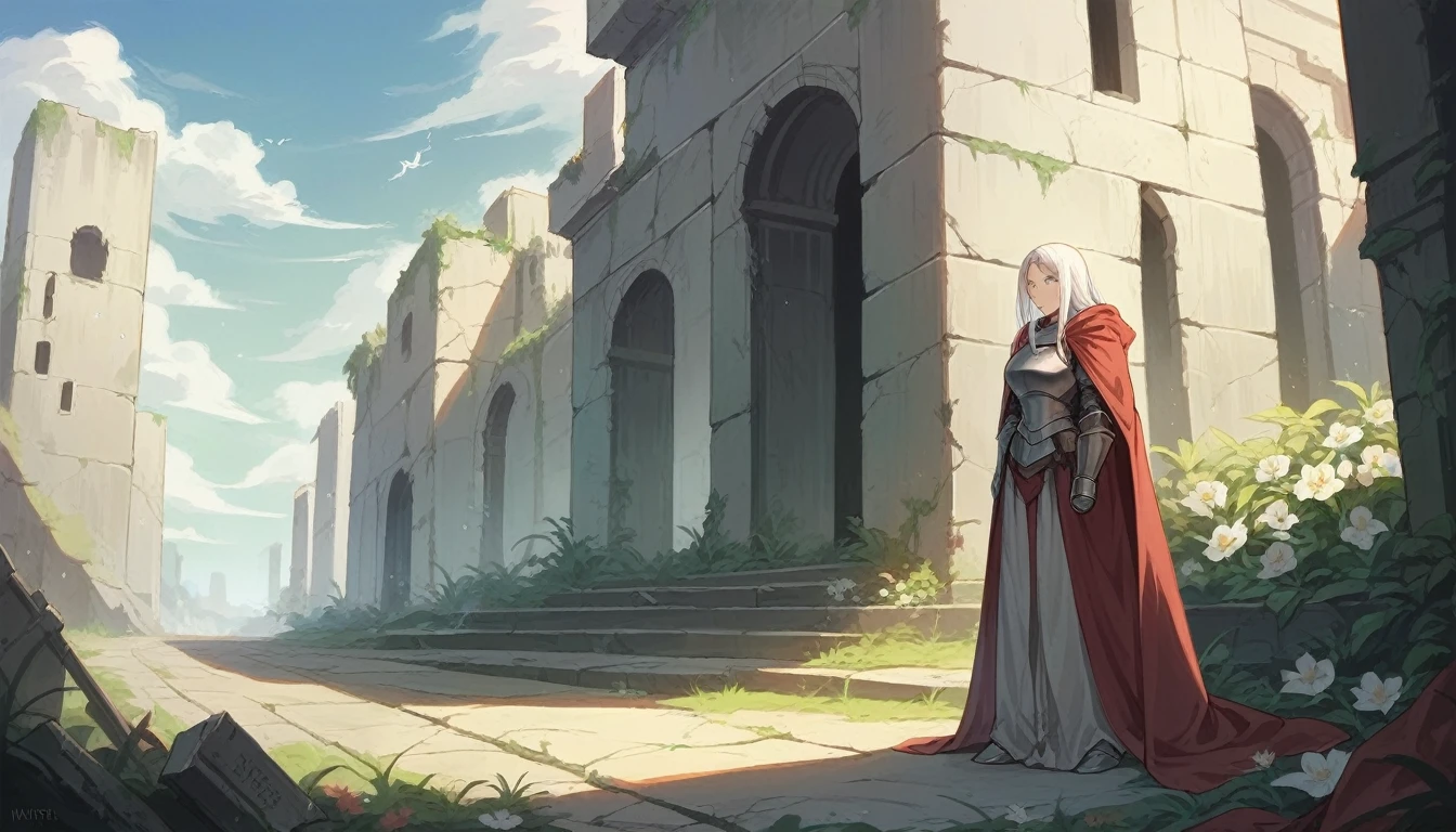 1 Girl, Armor, Blue Eyes, Cape, Cape, Skirt, Flower, Hood, Kneel, Knight, Long Hair, Look Down, Side Lock, Solitary, White Hair, Masterpiece, Best Quality, Ruins, Nature, Sky, Looking at the Audience, Crown, nsfw, milf