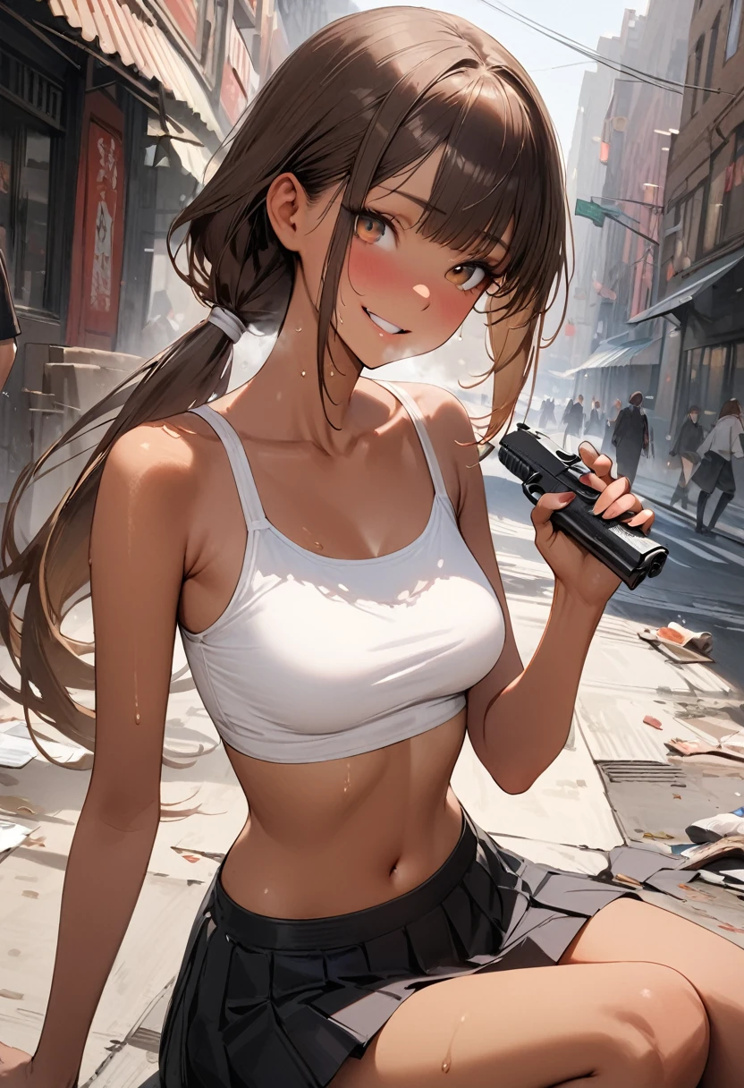 ((masterpiece,Highest quality:1.3,best quality illustration)),(realistic),cowboy shot,独奏,1woman,25 year old beauty,brown hair,(low ponytail hair),long hair,bangs,brown eyes,(gorgeous big eyes),((very small head:1.3)),A strong smile、Heavy breathing,((very long body:1.2,skinny)),((tan skin:1.4)),medium breasts,White tube top shirt、navel,Black pleated mini skirt,((Holding a handgun in your hand)),gleaming skin,slender body,sweat,sitting,on street,Collapsed Buildings、New York City、Resident Evil World、