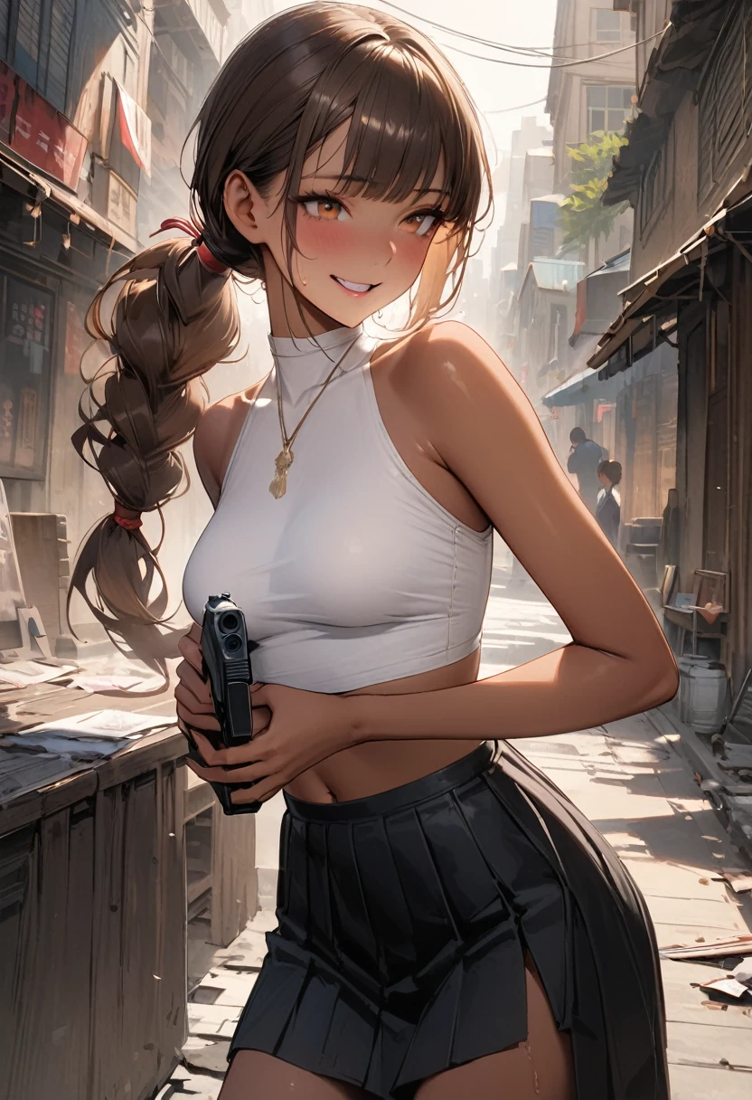 ((masterpiece,Highest quality:1.3,best quality illustration)),(realistic),cowboy shot,独奏,1woman,25 year old beauty,brown hair,(low ponytail hair),long hair,bangs,brown eyes,(gorgeous big eyes),((very small head:1.3)),A strong smile、Heavy breathing,((very long body:1.2,skinny)),((tan skin:1.4)),medium breasts,White tube top shirt、navel,Black pleated mini skirt,((Holding a handgun in your hand)),gleaming skin,slender body,sweat,sitting,on street,Collapsed Buildings、New York City、Resident Evil World、