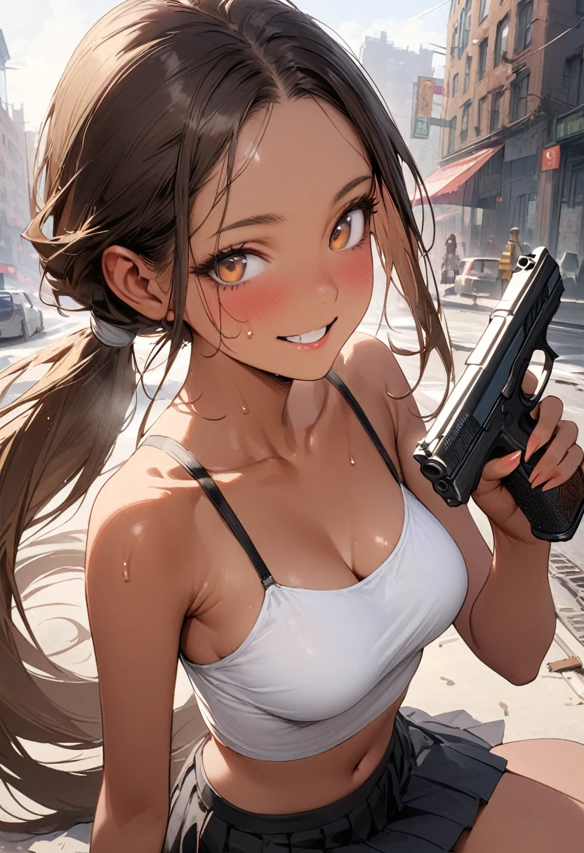 ((masterpiece,Highest quality:1.3,best quality illustration)),(realistic),cowboy shot,独奏,1woman,25 year old beauty,brown hair,(low ponytail hair),long hair,bangs,brown eyes,(gorgeous big eyes),((very small head:1.3)),A strong smile、Heavy breathing,((very long body:1.2,skinny)),((tan skin:1.4)),medium breasts,White tube top shirt、navel,Black pleated mini skirt,((Holding a handgun in your hand)),gleaming skin,slender body,sweat,sitting,on street,Collapsed Buildings、New York City、Resident Evil World、