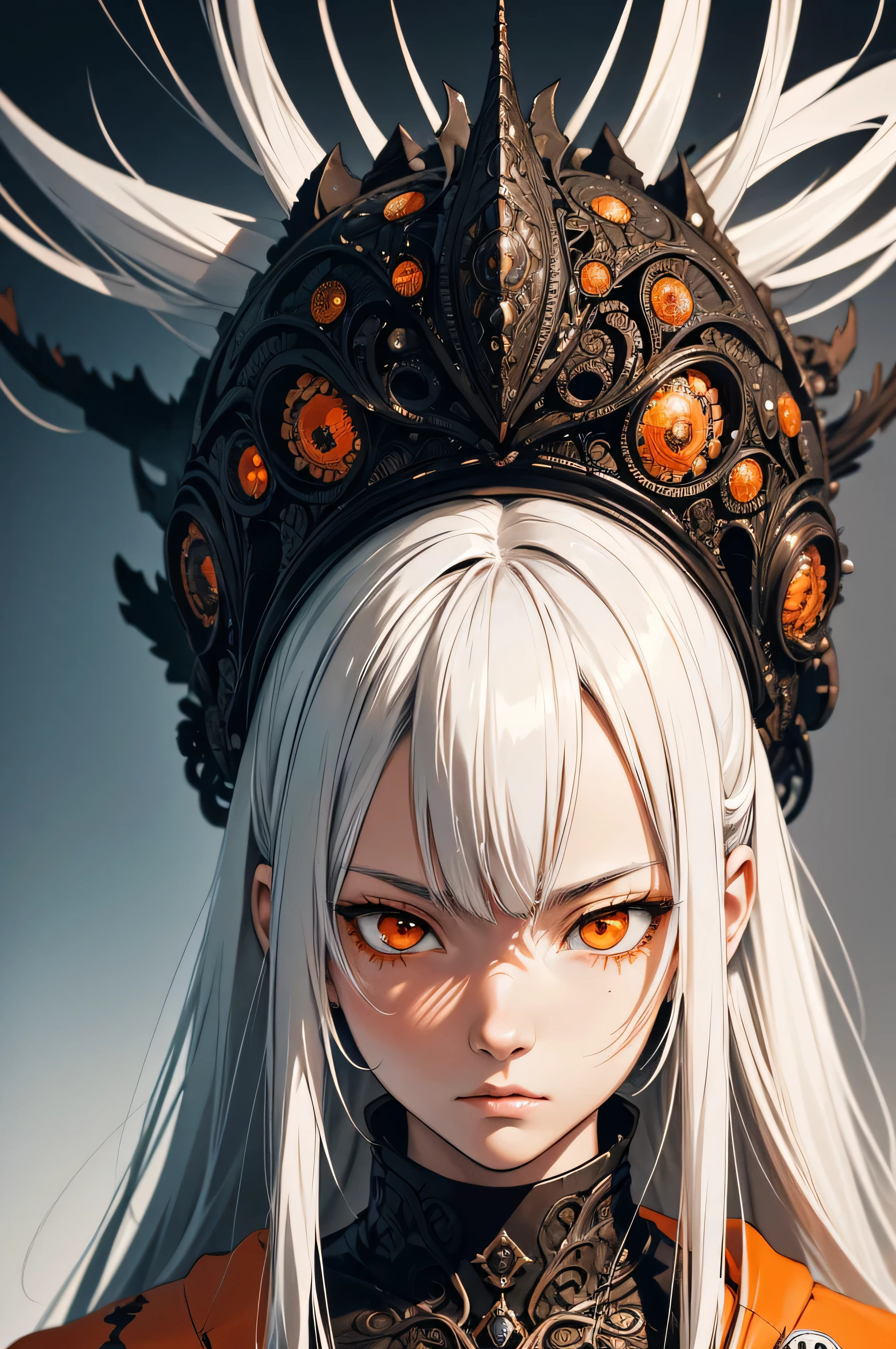 style of Tsutomu Nihei,(incredibly absurdres, (high resolution:1.18), intricate detail, (masterpiece:1.1), (highest quality:1.1), absurdres),(1girl, portrait, white hair, orange eyes, long hair, detailed eyes),