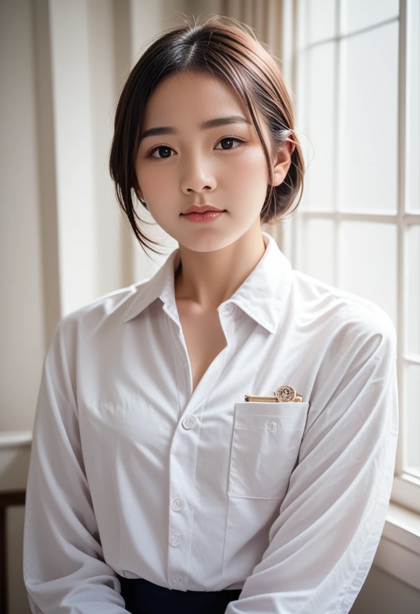 8k, raw photo, best quality, masterpiece, realistic, photo realistic, clear, professional lighting, beautiful face, best quality,ultra high res, realistic japanese beautiful, Super detailed, 1girl, indoor, cinematic lighting