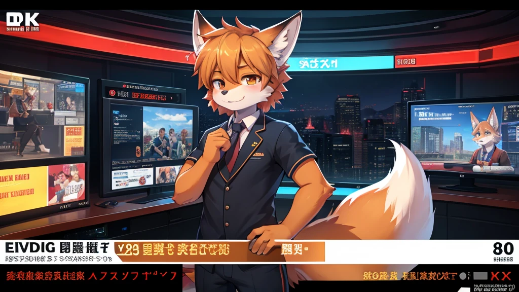 fox boy,Television anchor,8k resolution,high resolution,最high resolution,News-like caption,Broadcasting station logo,Casual wear,Emergency warning broadcast,