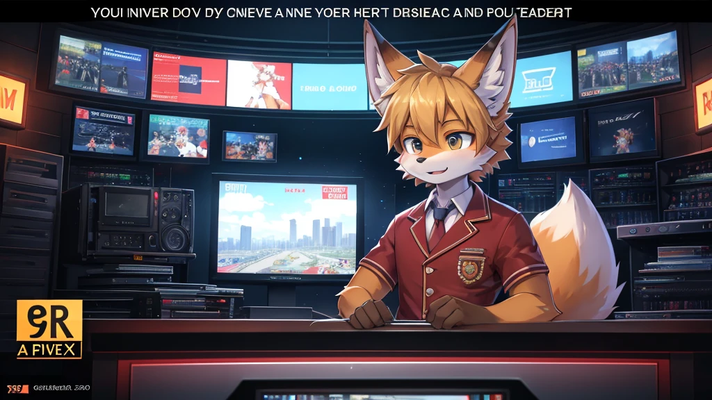 fox boy,Television anchor,8k resolution,high resolution,最high resolution,News-like caption,Broadcasting station logo,Casual wear,Emergency warning broadcast,