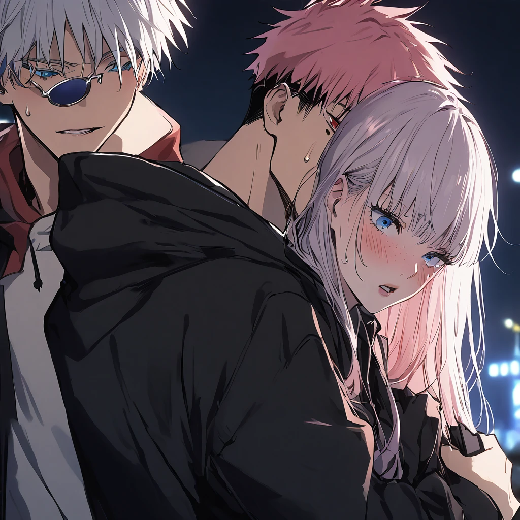 (1boy, gojo satoru, White hair,  blue eyes, wearing sunglasses), (1girl, pink_hair, blush, red_eyes, tattoo), long_hair, itadori_yuuji, hood, long_hair, ryoumen_sukuna_(jujutsu_kaisen), night, facial_tattoo, hoodie, upper_body, jacket, extra_eyes, hood_down, black_jacket, imminent_kiss, kiss, looking_at_another, facial_mark, freckles, sweatdrop, bangs, multicolored_hair, blue_eyes, clothes_grab, surprised