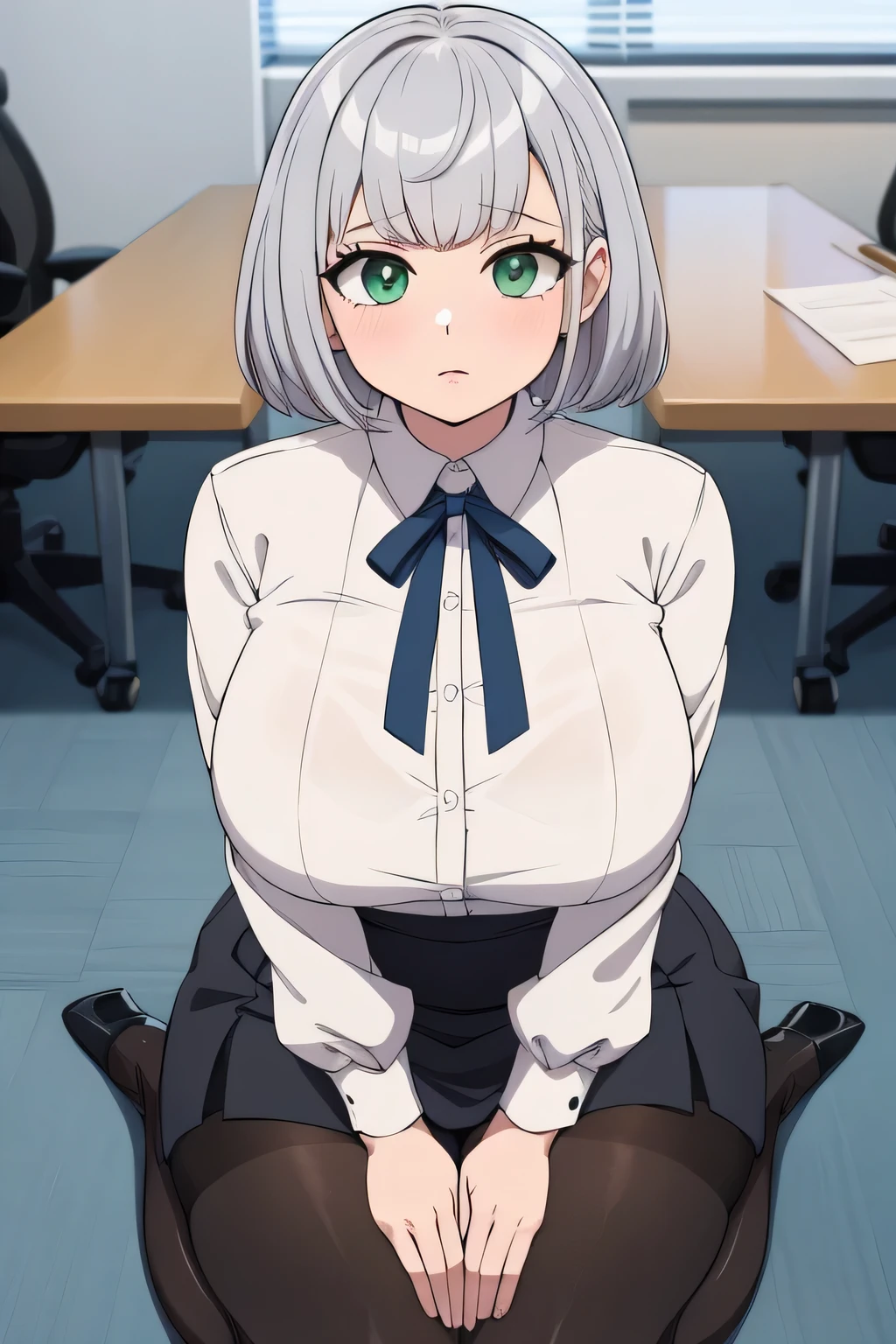 masterpiece, best quality, ultra-detailed, illustration, colorful, flat color, depth of field, 1girl, noel shirogane, anime, staying on her knees on the floor, silver hair, short hair, green eyes, looking at viewer, at office, white shirt, black tie, black skirt, pantyhose, black pantyhose, detailed skin texture, detailed cloth texture, beautiful detailed face, blush, shy, huge breasts, view from front