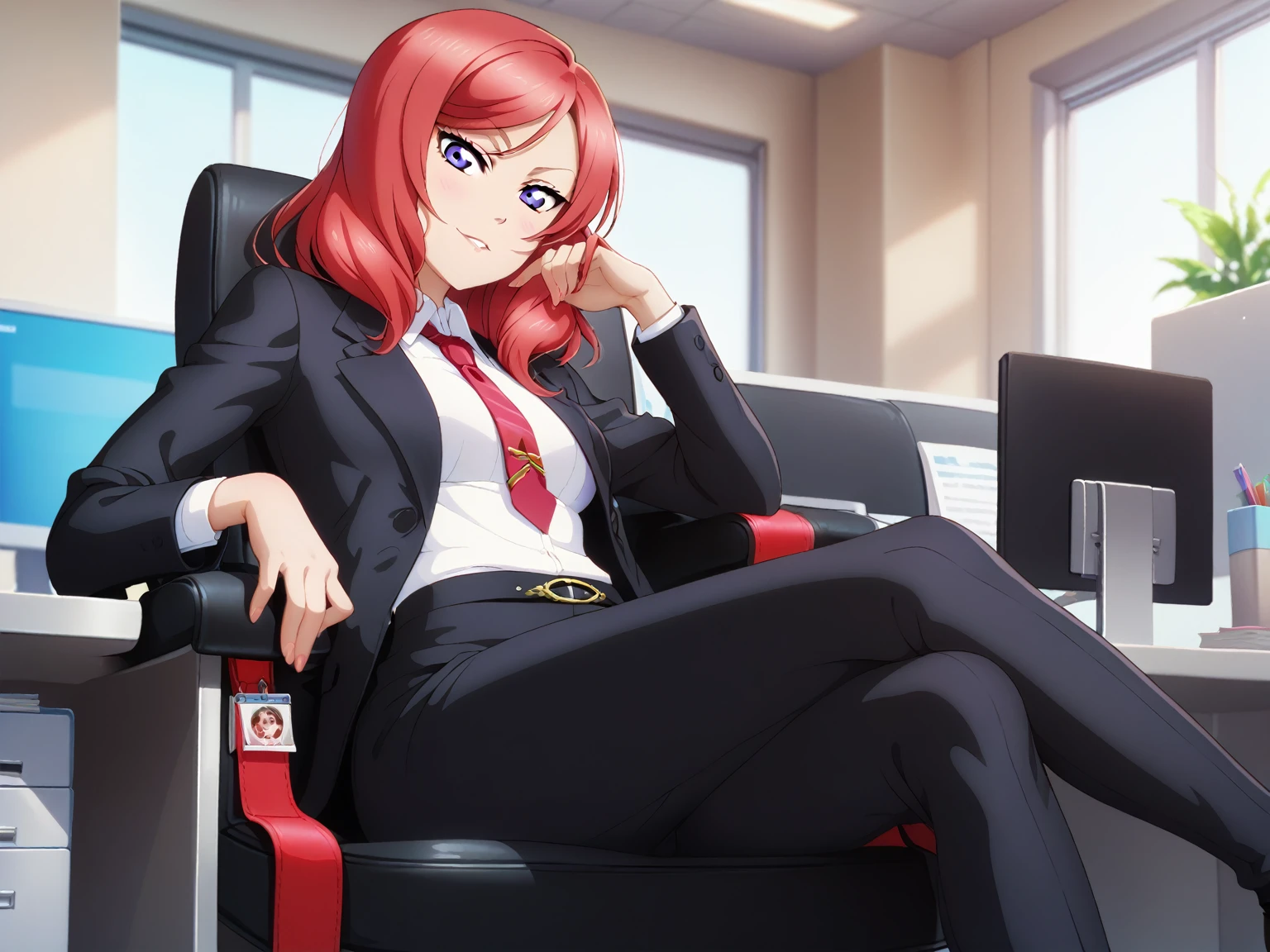masterpiece, best quality, cowboy shot, nishikino maki,red hair, purple eyes, black formal suit, pants, sitting , crossed legs ,neck tie, Sexual seduction, sexualised ,in office