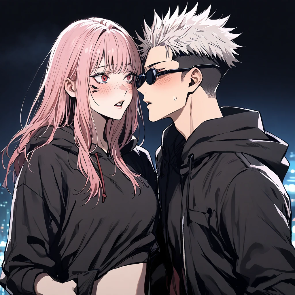 (1boy, White hair, undercut, hetero,  blue eyes, wearing sunglasses), (1girl, pink_hair, blush, red_eyes, tattoo), long_hair, itadori_yuuji, spiked_hair, hood, short_hair, ryoumen_sukuna_(jujutsu_kaisen), night, facial_tattoo, hoodie, upper_body, jacket, extra_eyes, hood_down, black_jacket, imminent_kiss, kiss, looking_at_another, facial_mark, freckles, sweatdrop, bangs, multicolored_hair, blue_eyes, clothes_grab, surprised