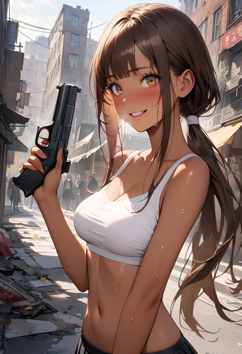 Dynamic gun action scenes、Woman shooting down zombieasterpiece,Highest quality:1.3,best quality illustration)),(realistic),cowboy shot,独奏,1woman,25 year old beauty,brown hair,(low ponytail hair),long hair,bangs,brown eyes,(gorgeous big eyes),((very small head:1.3)),A strong smile、Heavy breathing,((very long body:1.2,skinny)),((tan skin:1.4)),medium breasts,White tube top shirt、navel,Black pleated mini skirt,((Holding a handgun in your hand)),gleaming skin,slender body,sweat,standing,Collapsed Buildings、on street,New York City、Resident Evil World、