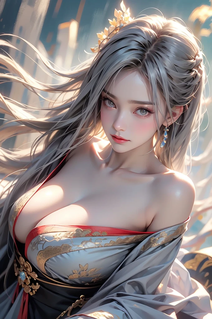 ((Above the knees image:1.3、stand))super high quality, masterpiece, Perfect illustration, Very detailed (Exquisite light and shadow, Very dramatic photo,Backlight) , ((Gray Hair:1.5))1 Girl,(( alone:1.6)), (Wearing Han clothes, Black Hanfu,Monotony,Long sleeve、Gorgeous costumes、Highly decorated Hanfu) Flower Field, Flowers, (White smoke:1.3) (Realistic:1.4), Zen Intertwining, Tangled, Official Art, unity 8k wallpaper, Very detailed, Beautiful and beautiful, masterpiece, Highest quality, (Dynamic Angle: 1.4), Glowing Skin, (Floating colorful flashes: 1) The most beautiful chaotic shapes, elegant, Brutalist Design, Bright colors, Romantic Depth of Field Exotic_dance, half_naked、Expose your shoulders、Ample breasts、Great cleavage、Dynamic pose、Backlight,
