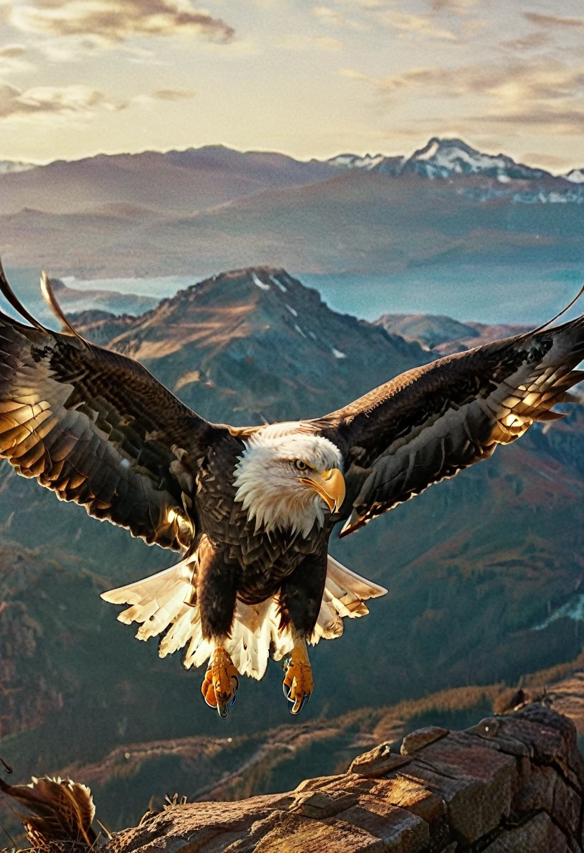 A majestic eagle soaring through the sky, (best quality,4k,8k,highres,masterpiece:1.2),ultra-detailed,(realistic,photorealistic,photo-realistic:1.37),detailed feathers, intricate wing details, piercing eyes, powerful beak, dramatic lighting, cinematic composition, breathtaking landscape, vibrant colors, golden hour lighting