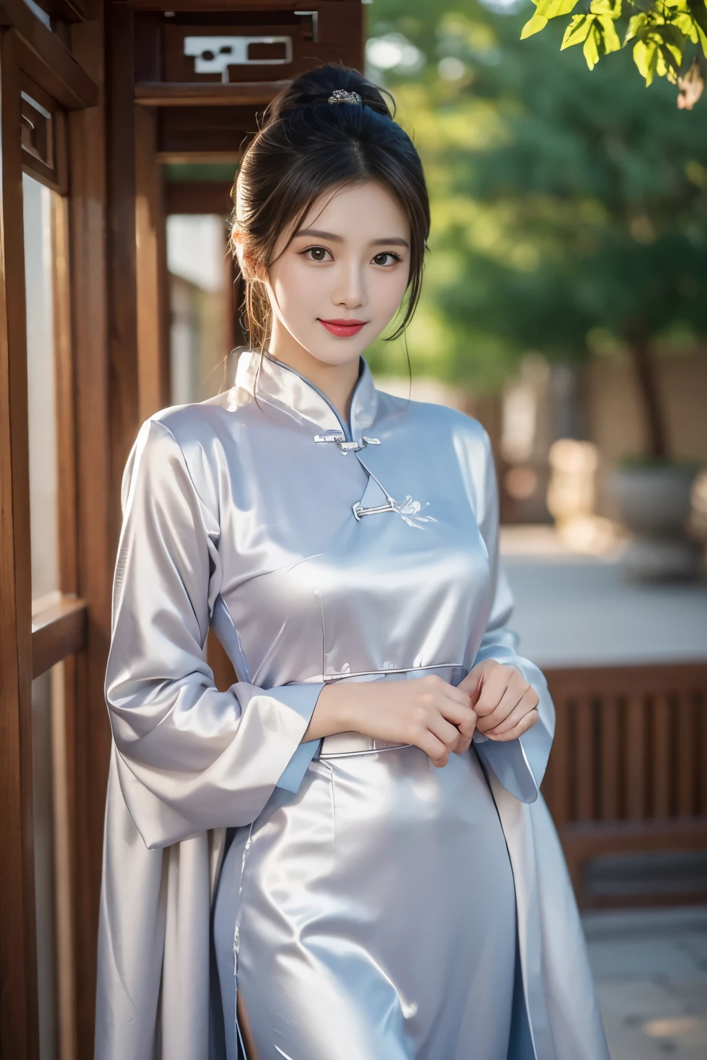 Asian woman in silver dress posing for photo, Wearing Chinese clothing, Wearing a silver silk robe, Korean female fashion models, Beautiful Korean woman, Wearing Chinese clothes, glowing with silver light, Shiny silver, Beautiful young woman, Face clear，Beautiful Chinese model, Chinese traditional clothing，Courtyard Farm，Half-length photo，