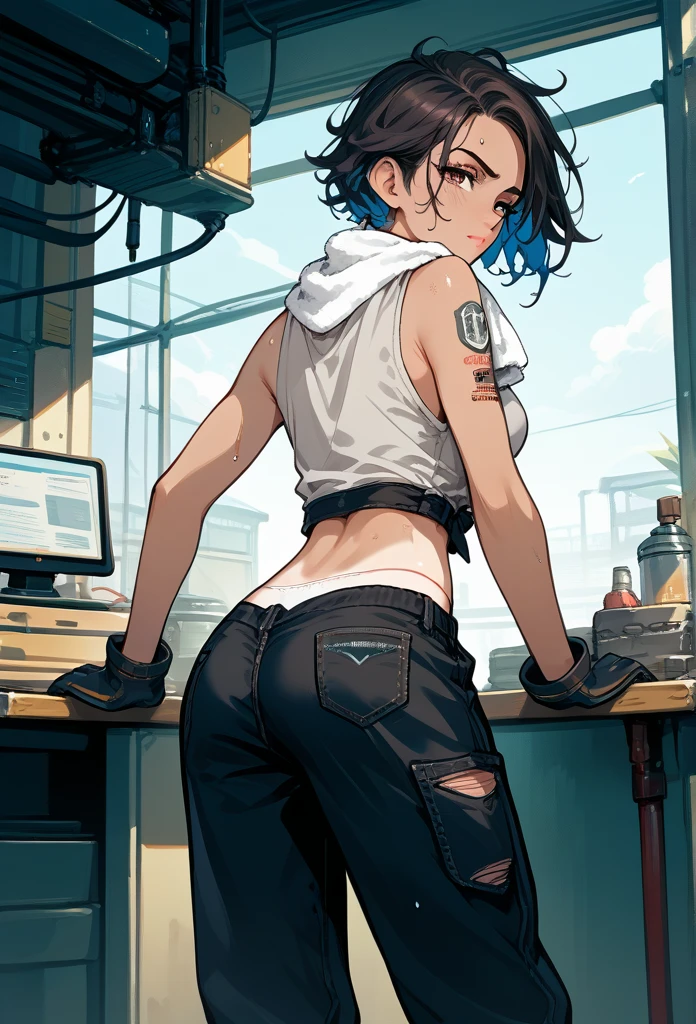 masterpiece, best quality, mature woman, messy hair, black hair, brunette gradient hair color, hot face, (tomboy face), tan skin, mature body, fit body, medium breasts, mechanic gloves, (dirty tank top), stained tank top, midriff, white bandana, mechanic pants, loose pants, workshop, (sweaty), bending over, towel around neck, back view, panties visible, ripped pants