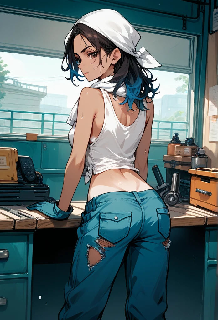 masterpiece, best quality, mature woman, messy hair, black hair, brunette gradient hair color, hot face, (tomboy face), tan skin, mature body, fit body, medium breasts, mechanic gloves, (dirty tank top), stained tank top, midriff, white bandana, mechanic pants, loose pants, workshop, (sweaty), bending over, towel around neck, back view, panties visible, ripped pants