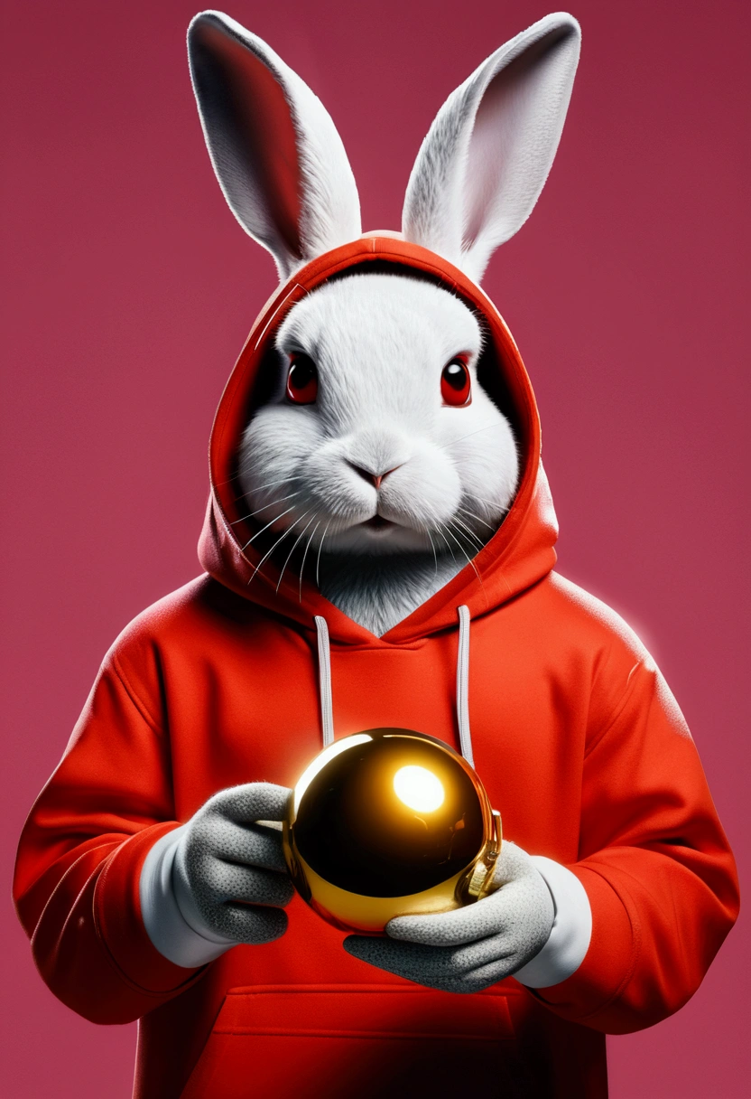 ((((masterpiece, highest quality, Super detailed, very_expensive_solve, big_file size, Full Color)))), Cool rabbit, Sharp eyes, nice, Red pupils, Wearing a large hoodie, Colorful hoodies, Possessing a weapon with a metal ball attached to a chain,