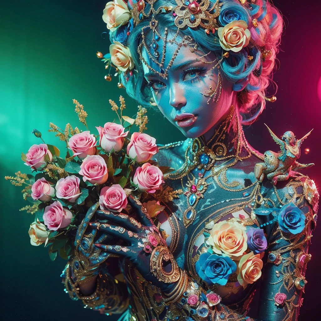 araffed woman in an elaborate dress holding a bouquet of Roses, in the style of cyberpunk, vibrant color compositions, body art, glittery, figura serpentinata, cinestill 50d, full body --ar 21:32 --s 750 --niji 5 --style cute
