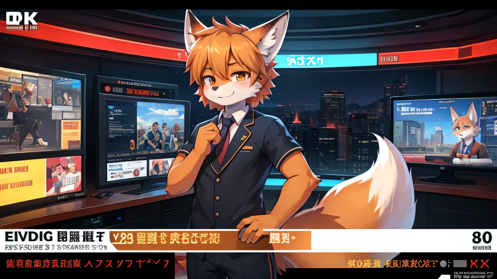 fox boy,Television anchor,8k resolution,high resolution,最high resolution,News-like caption,Broadcasting station logo,Casual wear,Emergency warning broadcast,