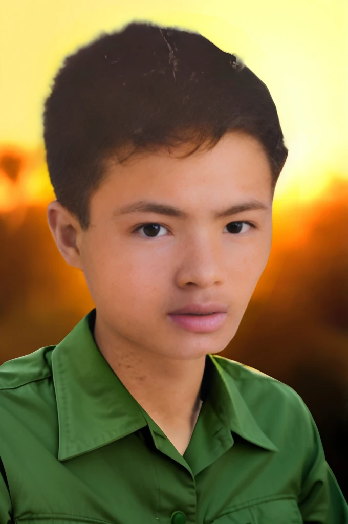 arafed young boy in green shirt looking at camera with sunset in background, portrait a 1 5 - year - old boy, detailed face of a asian boy, realistic portrait photo, digital art but photo, photoshoped, portrait of 1 5 - year - old boy, 14 yo berber boy, color portrait, headshot profile picture