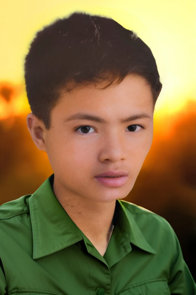 arafed young boy in green shirt looking at camera with sunset in background, portrait a 1 5 - year - old boy, detailed face of a asian boy, realistic portrait photo, digital art but photo, photoshoped, portrait of 1 5 - year - old boy, 14 yo berber boy, color portrait, headshot profile picture