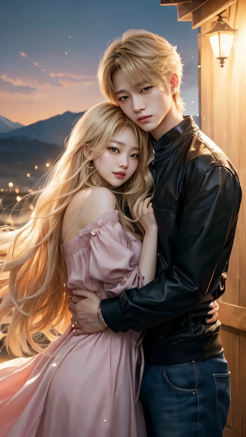 blond haired girl hugging a man in a pink dress, in the art style of bowater, romance novel cover, artwork in the style of guweiz, wlop and sakimichan, lovely couple, beautiful digital illustration, with long blond hair, beautiful digital artwork, 8k high quality detailed art, realistic artstyle, couple pose, glorious long blond hair, jennie, kim jennie, jennie kim, jeon jung kook, jungkook, jk