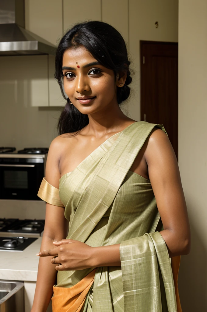 Closeup picture ,Indian woman in sari background kitchen