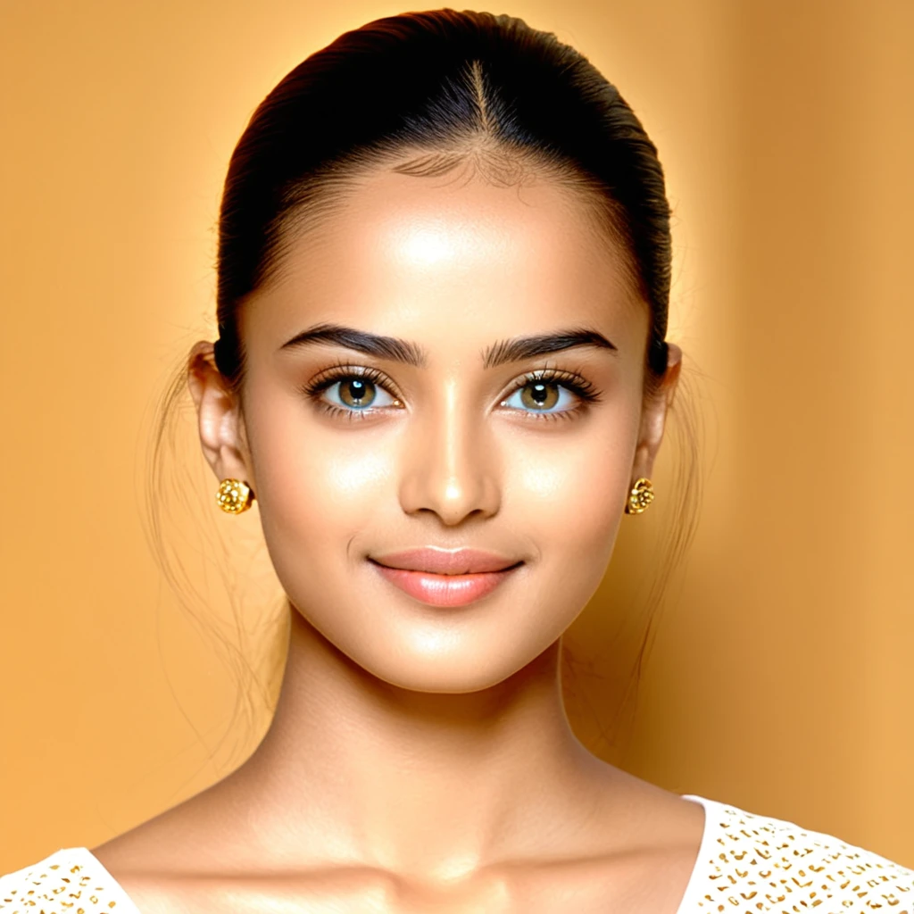 Prachi Rawat, an 18-year-old with an oval face that exudes balance and symmetry. Her large, almond-shaped blue eyes are captivating, reflecting her expressive nature. Natural arch eyebrows of medium thickness frame her face, extending just beyond her eyes' corners. Prachi's button nose is small and rounded, with a soft, defined tip and a smooth, gently sloping bridge that blends seamlessly into her face. Her full, well-defined lips boast a natural rosy hue and a prominent Cupid's bow, enhancing her smile's symmetry and overall allure. High cheekbones add a sculpted elegance to her features, gracefully angular and catching light effortlessly. A gracefully sculpted jawline with a subtle angularity complements her soft, rounded chin, emphasizing her facial symmetry and youthful appearance. Her smooth, moderately high forehead frames her face with a natural hairline, while medium-sized ears with defined contours sit symmetrically, contributing to her balanced and attractive appearance. Prachi's golden-wheatish skin tone glows with health, its smooth and clear texture enhancing her natural radiance.