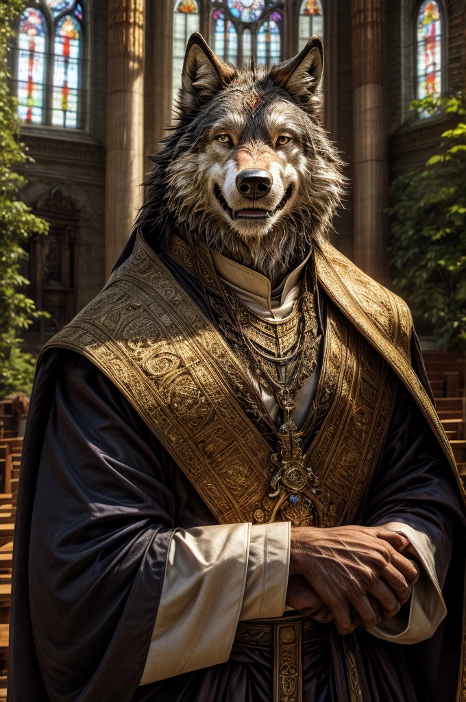 wolf, male, all body, realistic, priest, garden, elderly, smile, church,