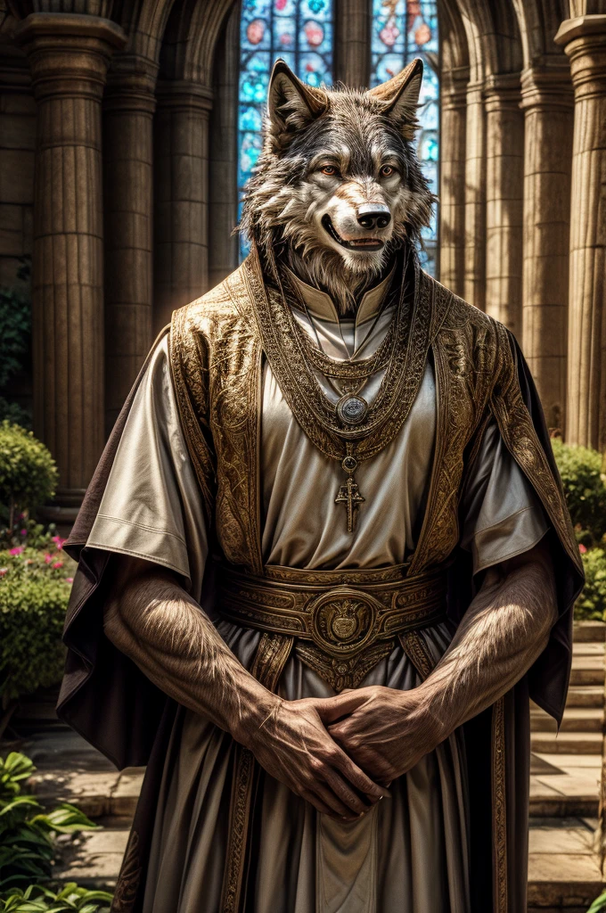 wolf, male, all body, realistic, priest, garden, elderly, smile, church,