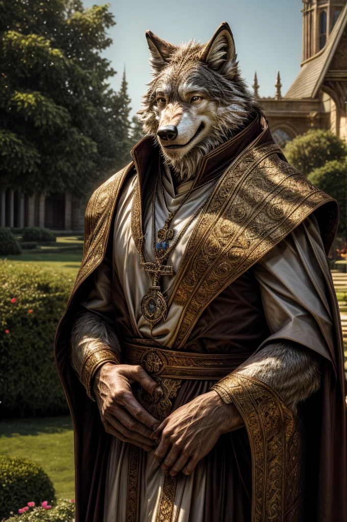 wolf, male, all body, realistic, priest, garden, elderly, smile, church,